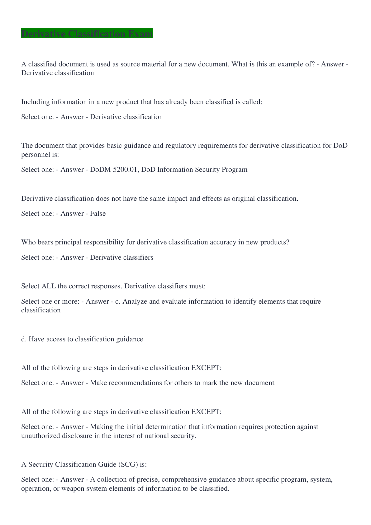Preview image of Derivative Classification Exam document